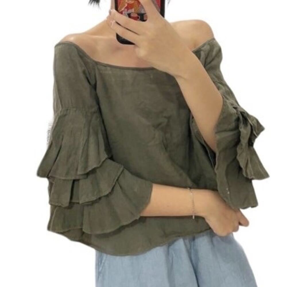 Zara Linen Tie Strap Off The Shoulder Ruffle Sleeve Top Army Green Size XS